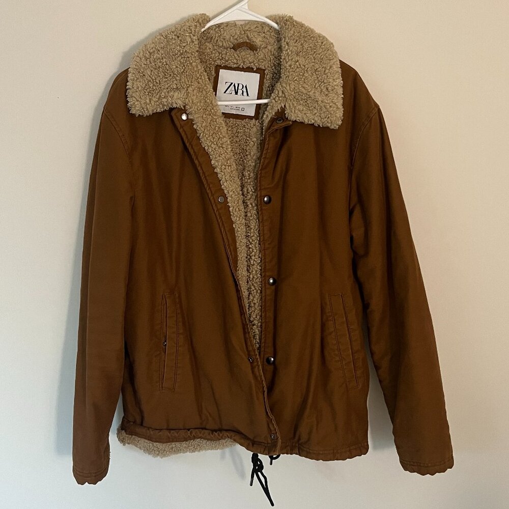 Zara Men’s Aviator Bomber Jacket | Brown | Size Large | Sherpa-Lined